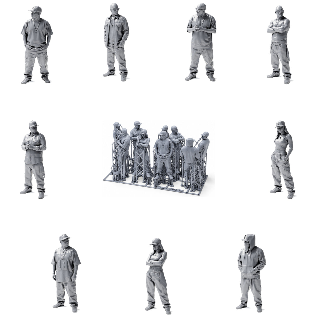 Hip-hop, urban and streetwear - 9 unpainted resin figures in an open overview