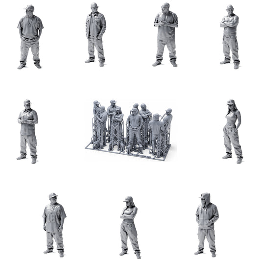 Hip-hop, urban and streetwear - 9 unpainted resin figures in an open overview