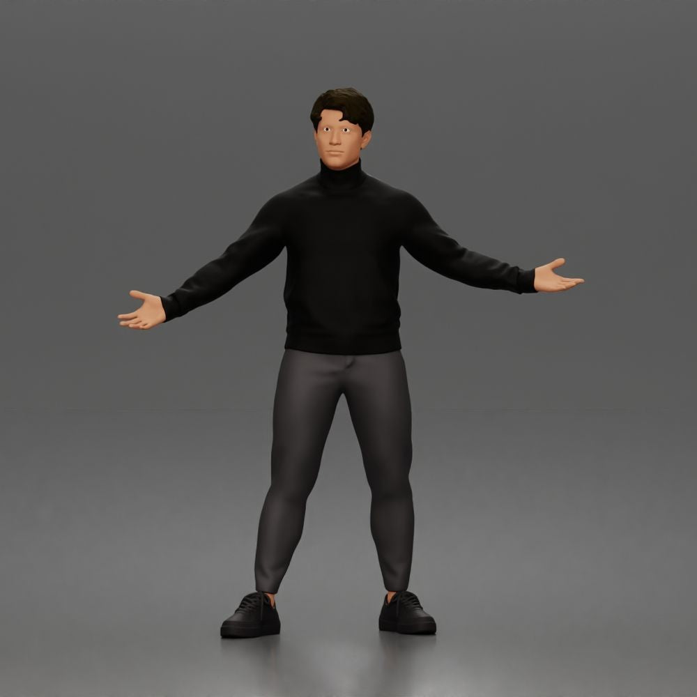 Diorama model-making product photo 0: Standing figure: presenting man with turtleneck sweater and open arms (a190)