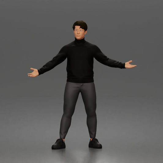 Diorama model-making product photo 0: Standing figure: presenting man with turtleneck sweater and open arms (a190)