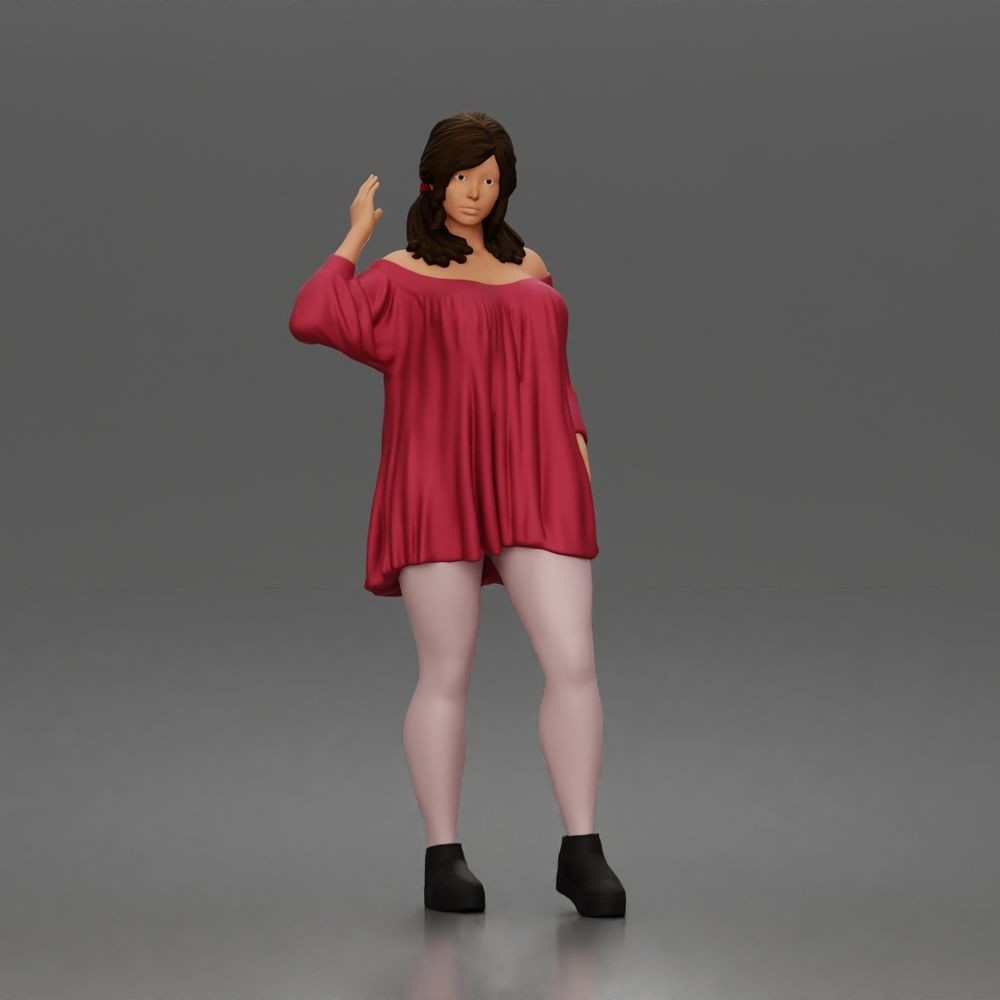 Diorama model-making product photo 0: Standing figure: waving woman with an off-the-shoulder top & platform shoes (a199)