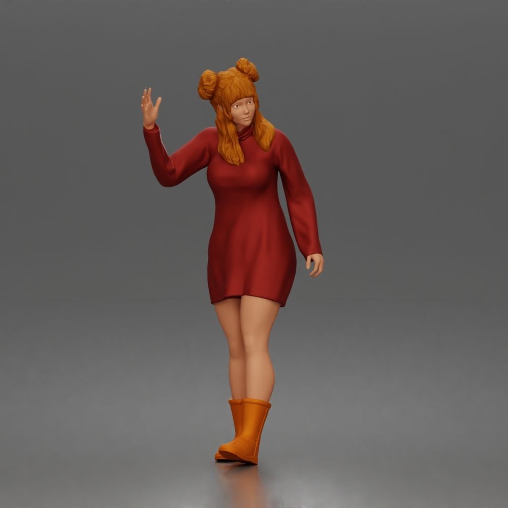 Diorama model-making product photo 0: Standing figure: Waving woman hailing a taxi, wearing a long-sleeved dress & boots (a204)