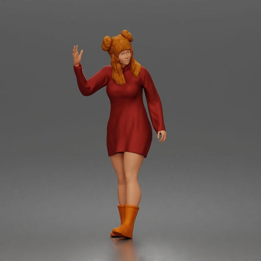 Diorama model-making product photo 0: Standing figure: Waving woman hailing a taxi, wearing a long-sleeved dress & boots (a204)