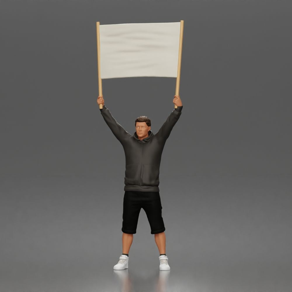 Diorama model-making product photo 0: Standing figure: protester with blank banner, hoodie & shorts (a178)