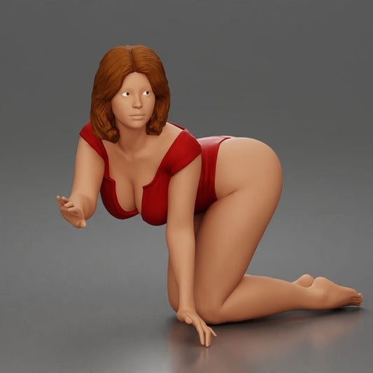Diorama model-making product photo 0: Kneeling female figure in a bodysuit, leaning forward with one hand on the ground (a175)