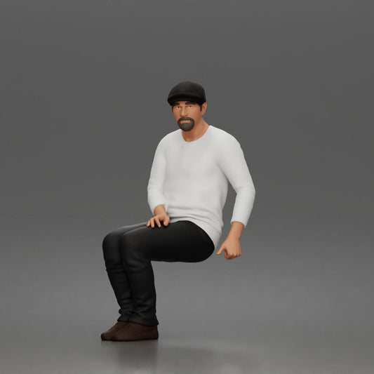 Diorama model-making product photo 0: Seated figure: elderly man with cap and casual clothing (a203)