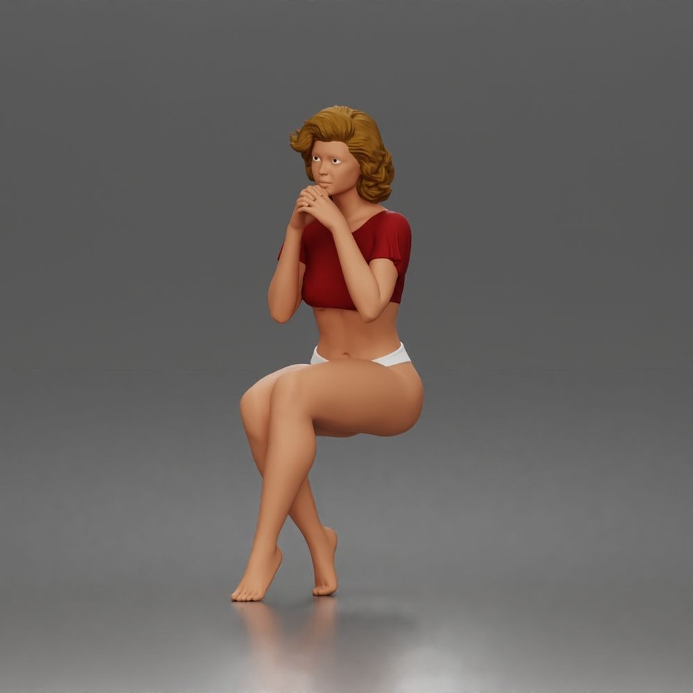 Diorama Modellbau Produktfoto 0: Sitzende Figur: Frau im Crop-Top mit gefalteten Händen am Kinn (a195)