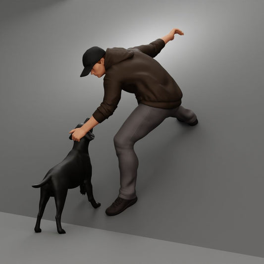 Diorama model-making product photo 0: Diorama figure: Jumping man in a hoodie rescues dog (a200)