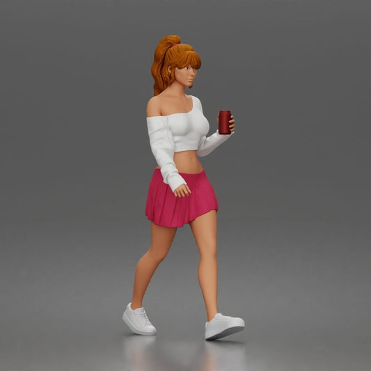 Diorama model-making product photo 0: Walking figure: athletic young woman in casual clothing with a drink cup (a213)