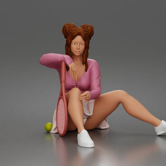 Diorama model-making product photo 0: Seated figure: female tennis player with sports skirt, sweater & tennis racket (a212)