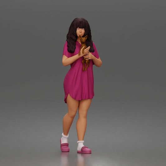 Diorama model-making product photo 0: Standing figure: woman in a nightgown holding a small dog (a183)