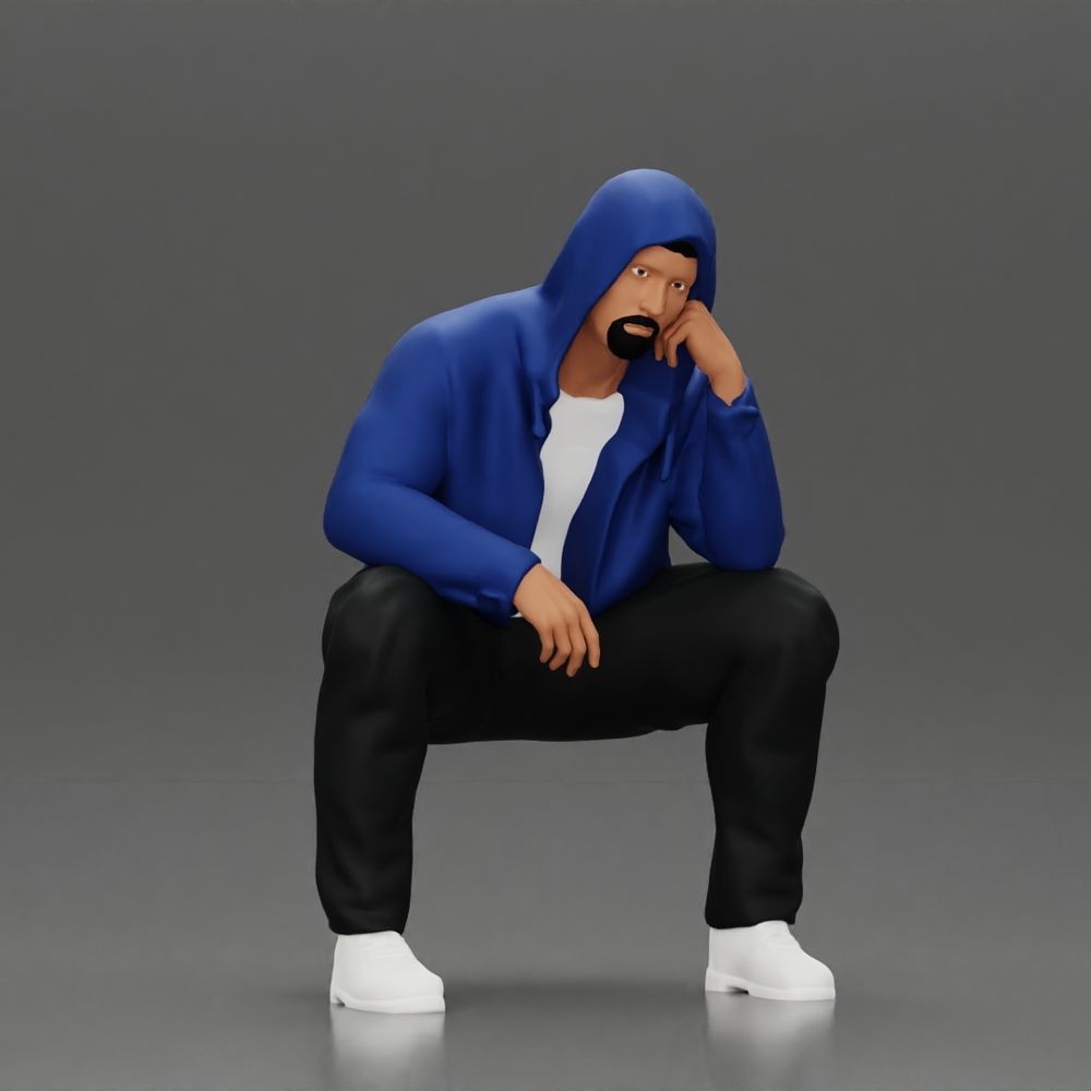 Diorama model-making product photo 0: Kneeling figure: Crouching man in a hooded jacket with hand on face (a163)
