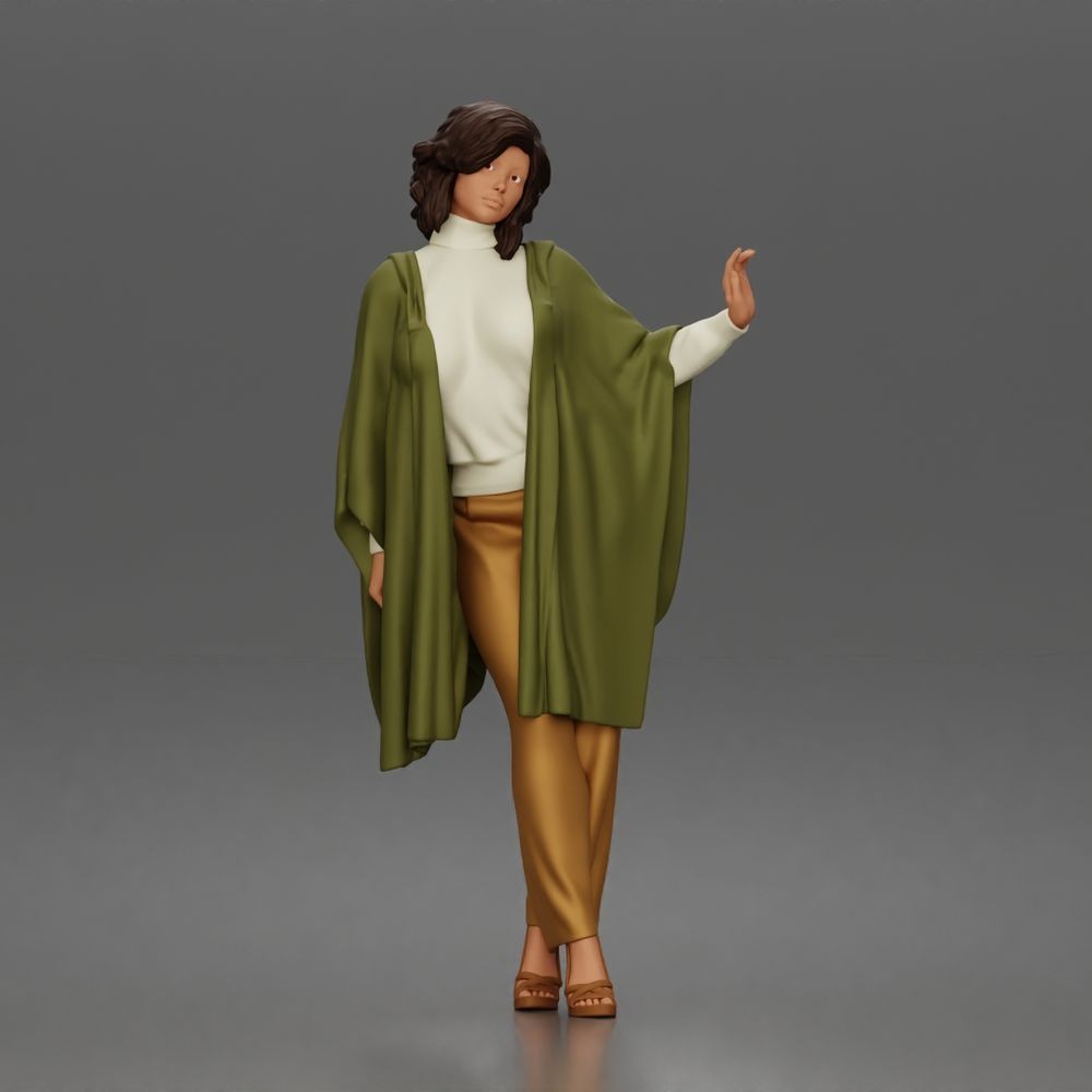 Diorama model-making product photo 0: Standing female figure with raised hand, flowing cape & platform shoes (a174)