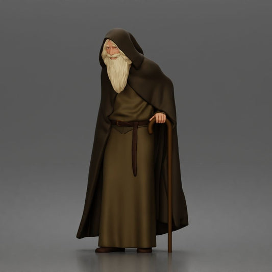 Diorama model-making product photo 0: Standing figure: bearded wanderer with hooded cloak, robes & staff (a189)