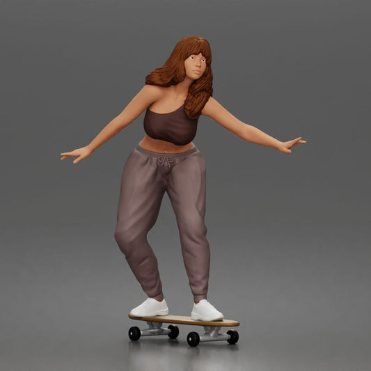 Diorama model-making product photo 0: Diorama figure: female skater balancing on a skateboard with crop top & joggers (a170)