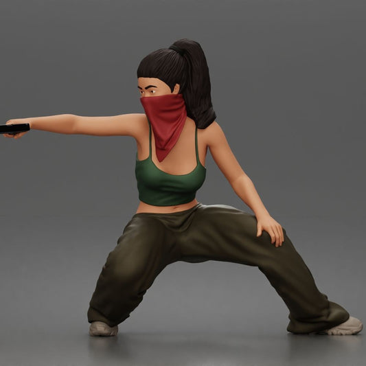 Diorama model-making product photo 0: Diorama figure: Crouching masked woman with pistol, crop top & baggy pants (a169)