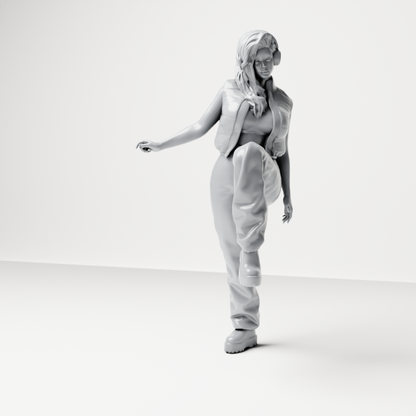Diorama model-making product photo 1: Standing female figure with headphones and a loose streetwear outfit, leg raised (a164)