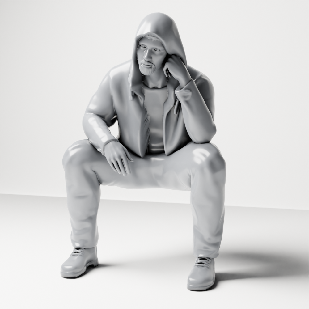 Diorama model making product photo 1: Kneeling figure: Crouching man with hooded jacket and hand on face (a163)