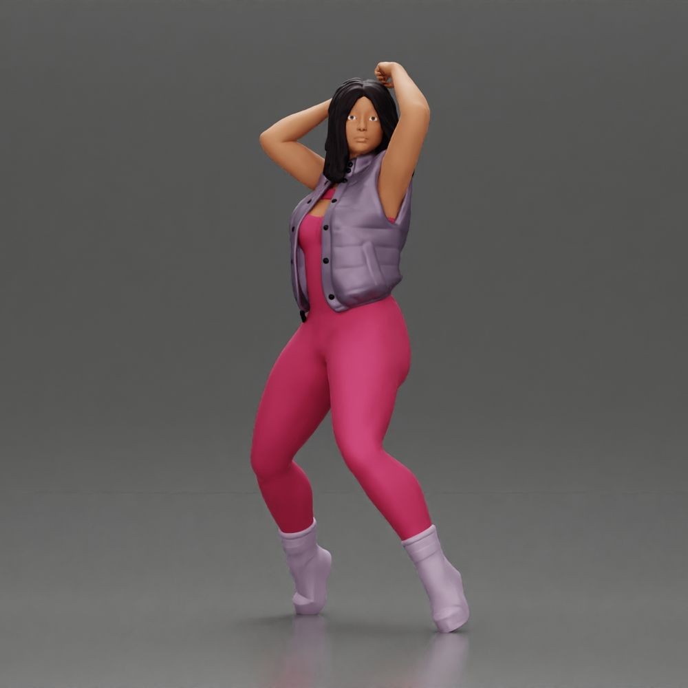 Diorama model-making product photo 1: Standing figure: woman in a jumpsuit with raised arms (a155)