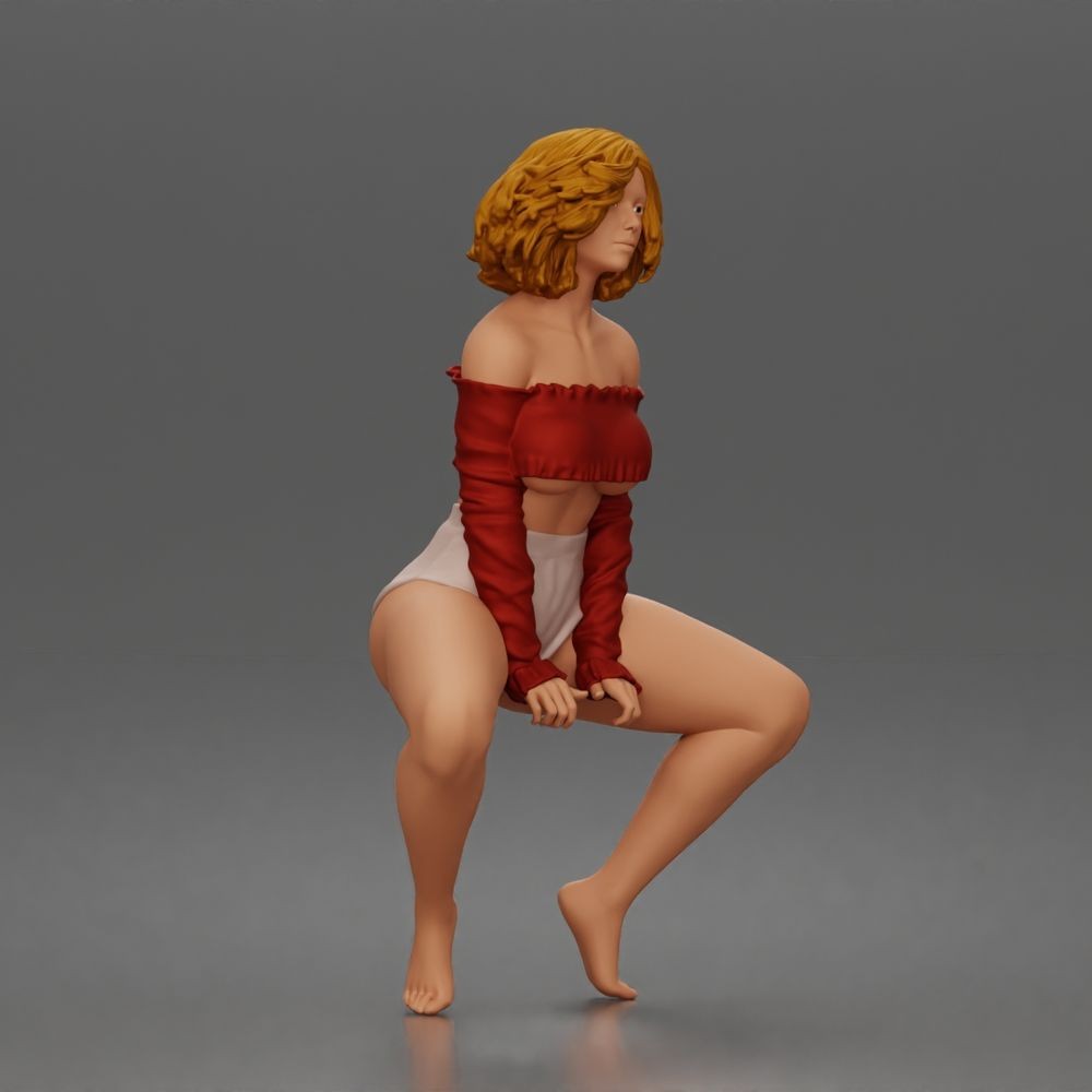 Diorama model making product photo 1: Crouching figure: dancer in an off-shoulder crop top & shorts (a185)