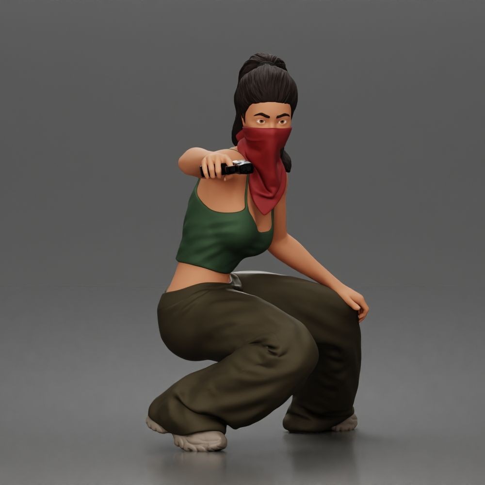 Diorama model making product photo 1: Diorama figure: Crouching masked woman with pistol, crop top & baggy trousers (a169)