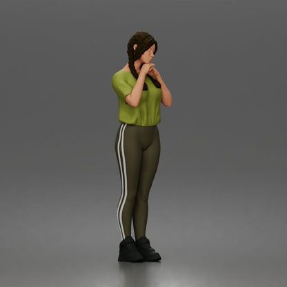 Diorama model-making product photo 1: Standing female figure with braided hair, T-shirt, leggings & sneakers (a194)