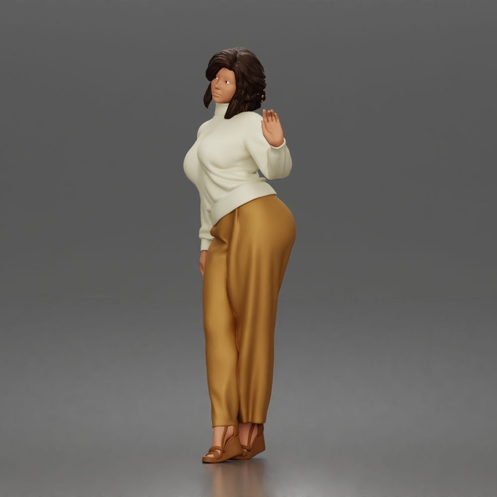 Diorama model-making product photo 1: Standing female figure with turtleneck sweater, wide-leg trousers & platform shoes (a176)