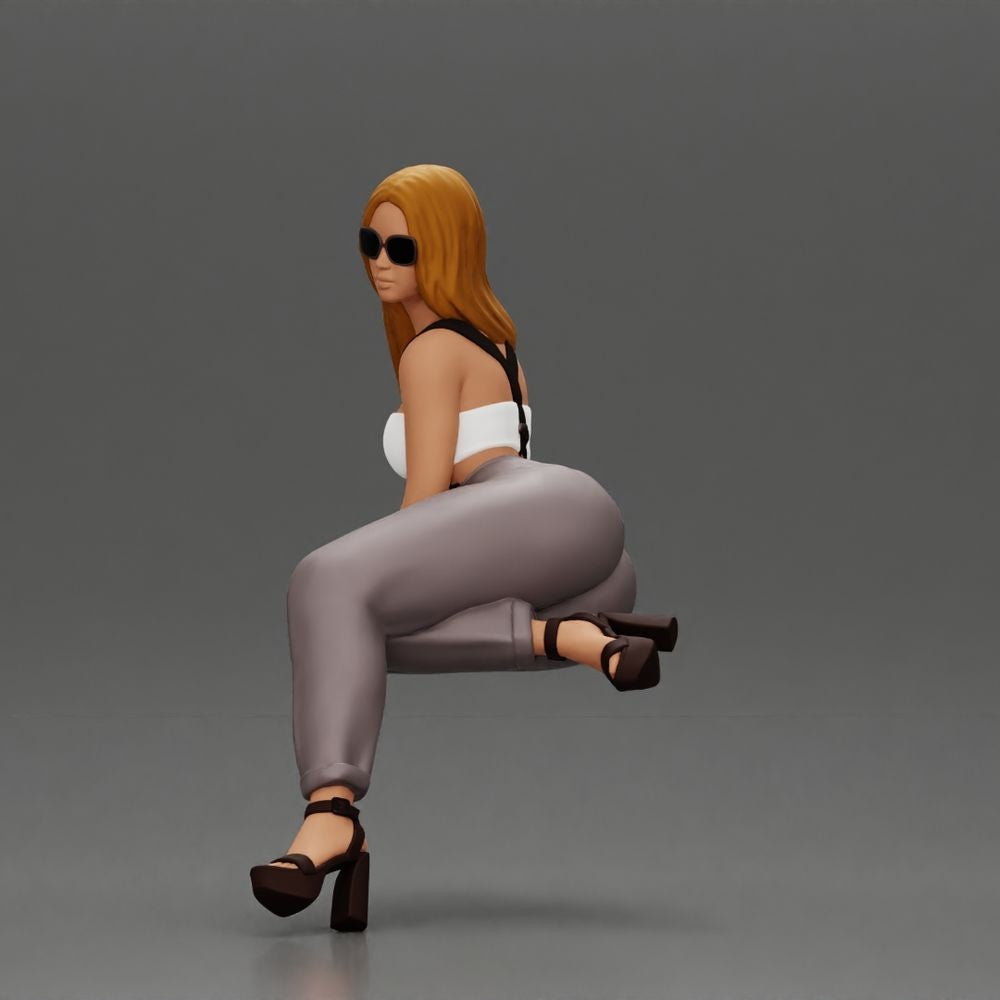 Diorama model making product photo 2: Seated female figure with sunglasses, sleeveless top & heeled sandals (a162)