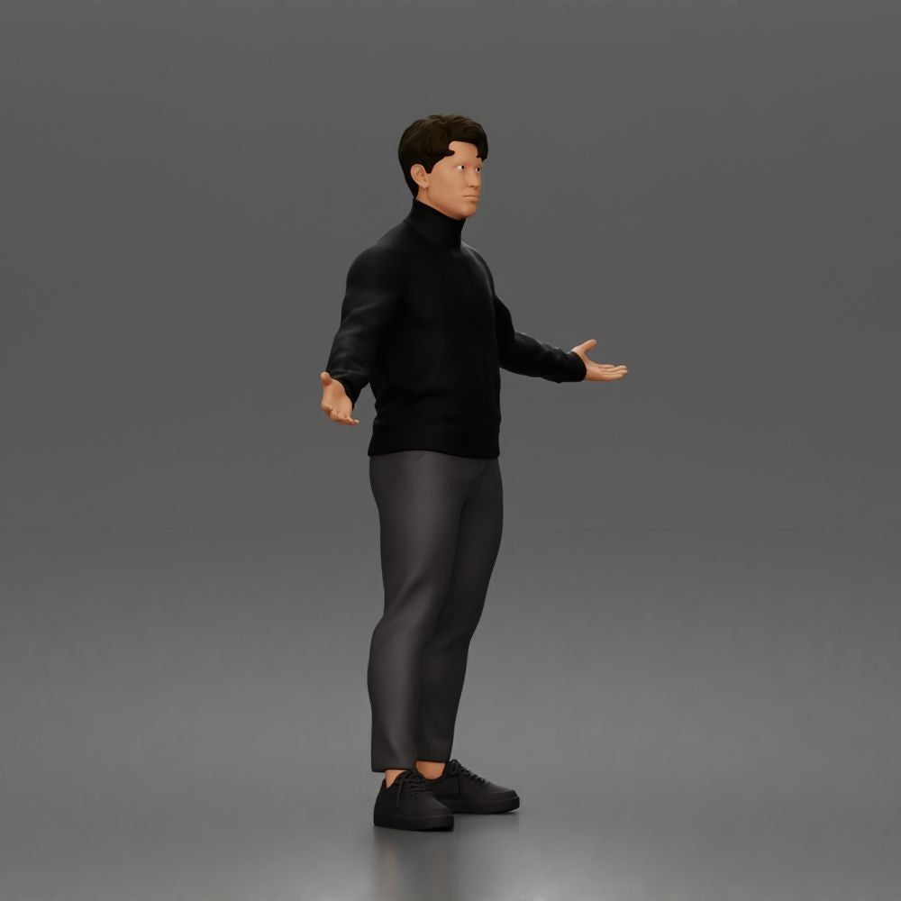 Diorama model-making product photo 1: Standing figure: presenting man with turtleneck sweater and open arms (a190)