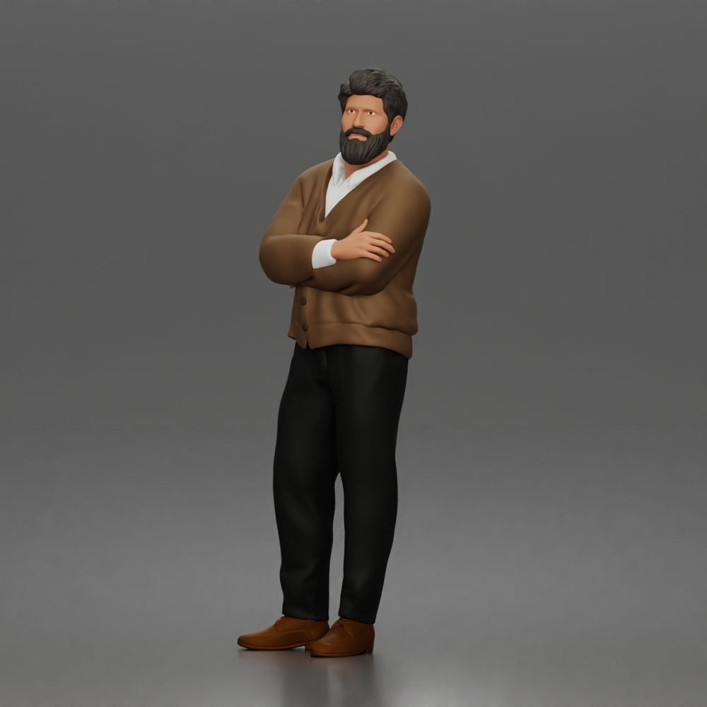 Diorama model-making product photo 1: Standing figure: Bearded man with folded arms & cardigan (a208)