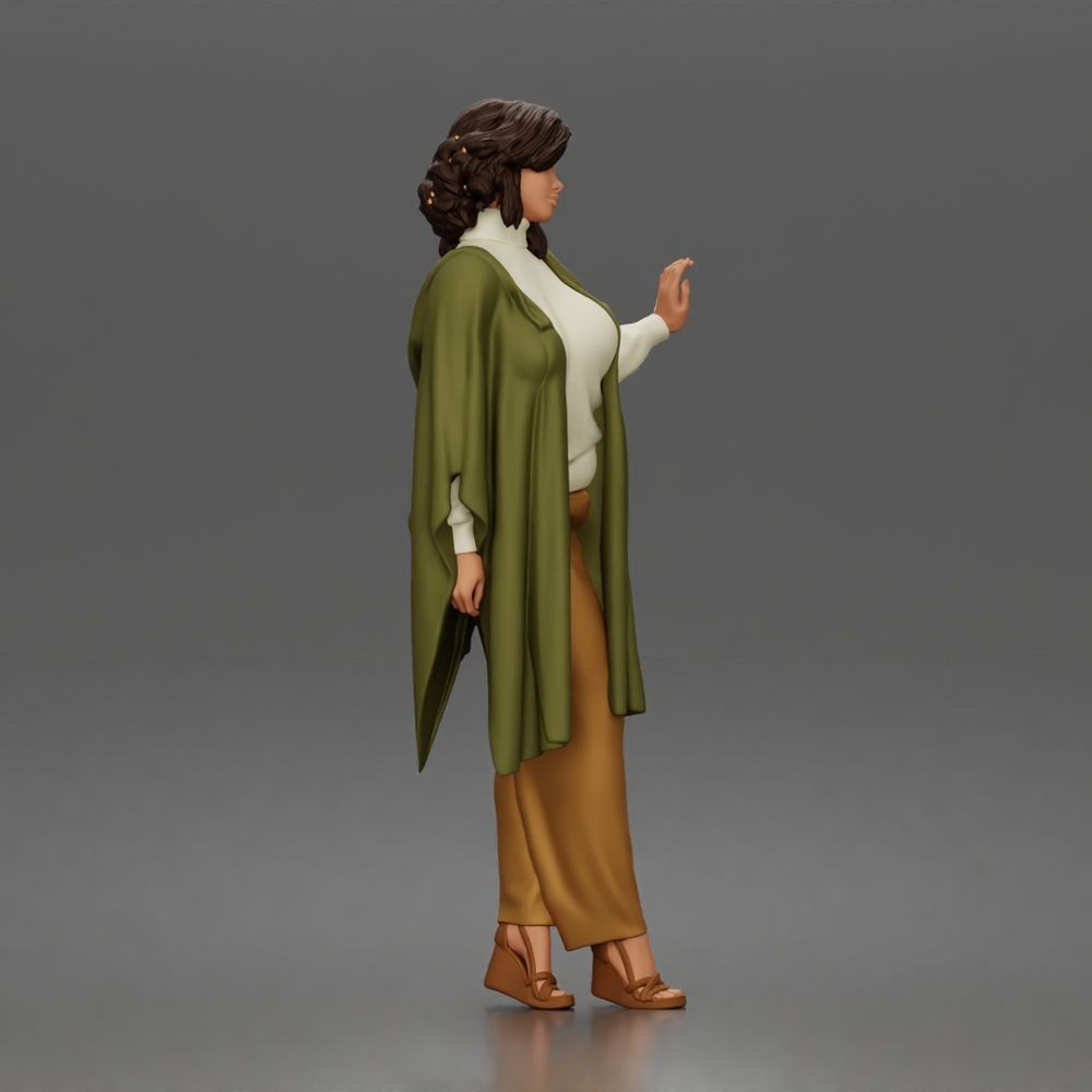 Diorama model-making product photo 1: Standing figure: woman with raised hand, flowing cape & platform shoes (a174)