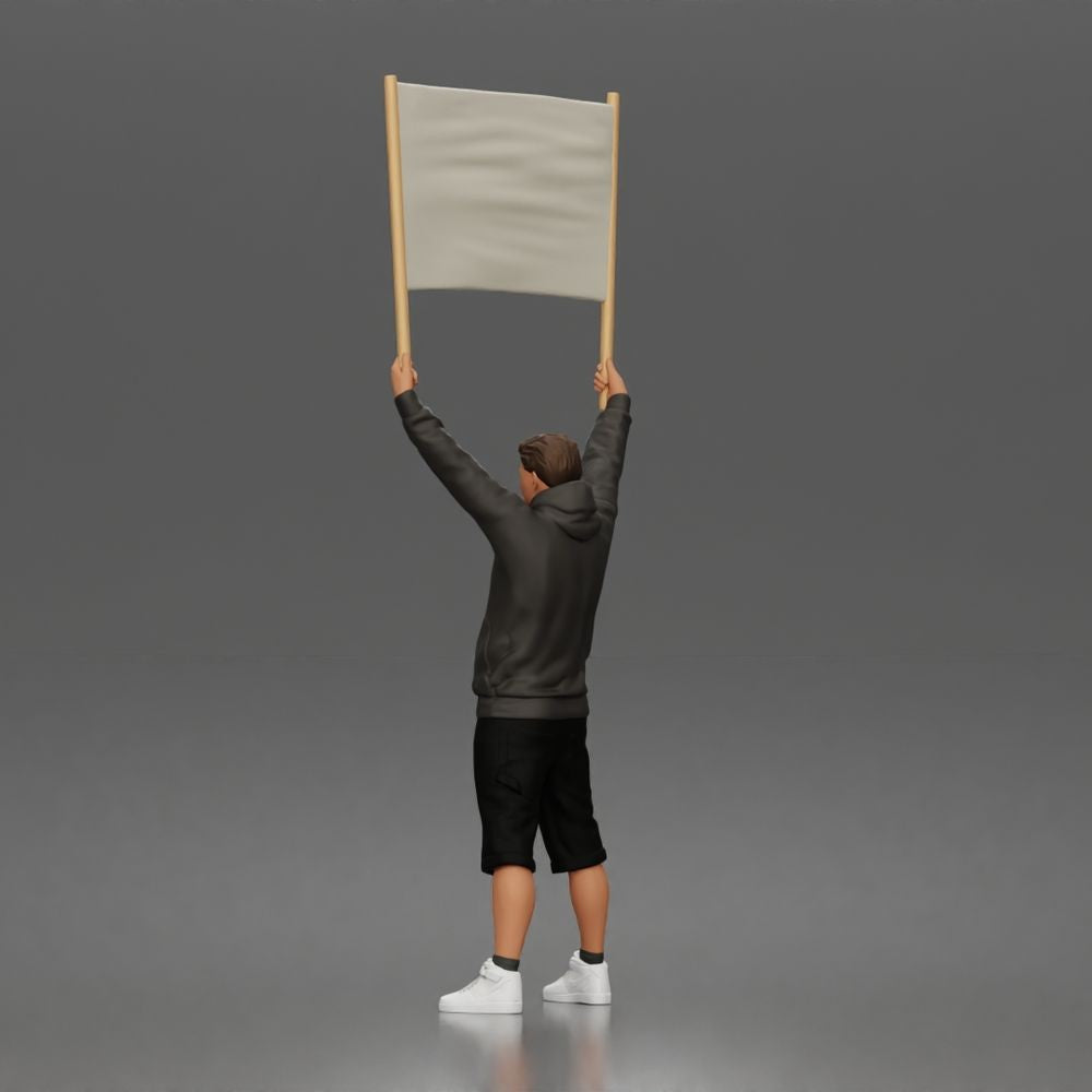 Diorama model-making product photo 1: Standing figure: protester with blank banner, hoodie & shorts (a178)