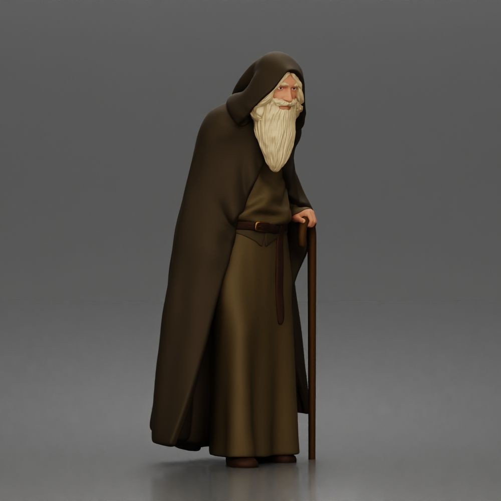 Diorama model-making product photo 1: Standing figure: Bearded wanderer with hooded cloak, robe & staff (a189)