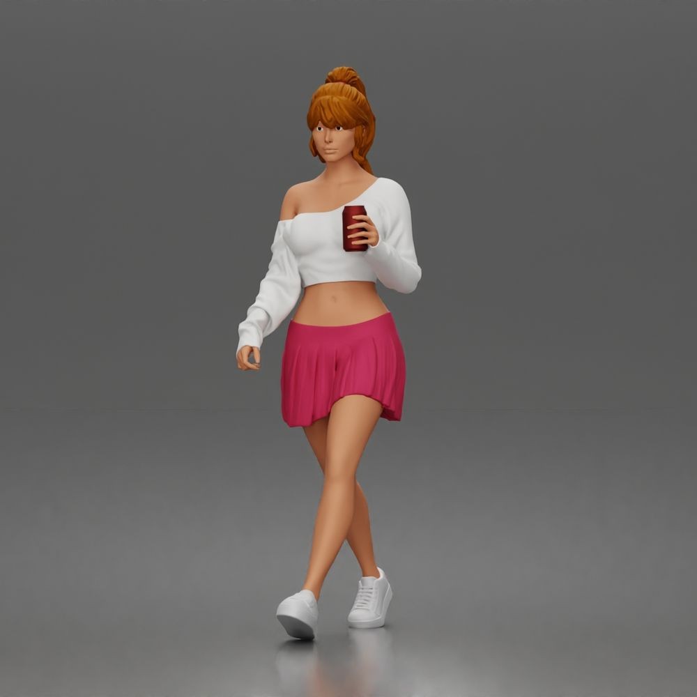 Diorama model-making product photo 1: Walking figure: Female athlete/young woman with a drink cup in casual clothing (a213)