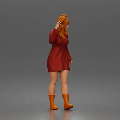 Diorama model making product photo 1: Standing figure: Waving woman hailing a taxi in a long-sleeved dress & boots (a204)