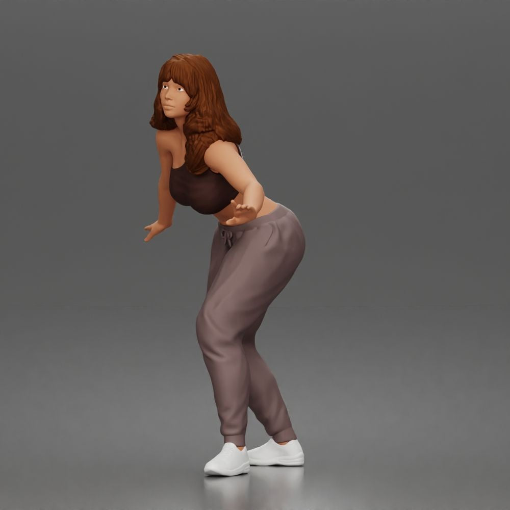 Diorama model-making product photo 1: Standing figure: skater girl in a balancing pose with crop top, joggers & sneakers (a171)