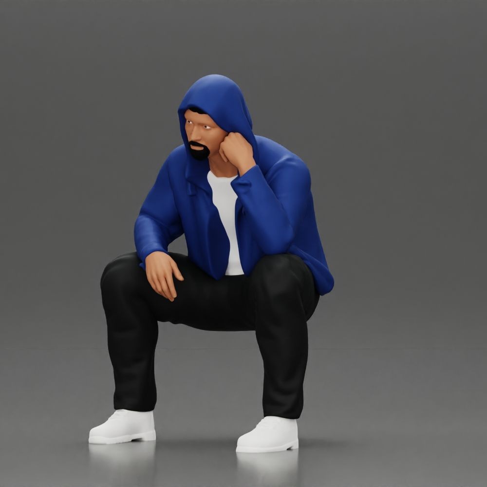 Diorama model-making product photo 2: Kneeling figure: crouching man in a hooded jacket with hand on face (a163)