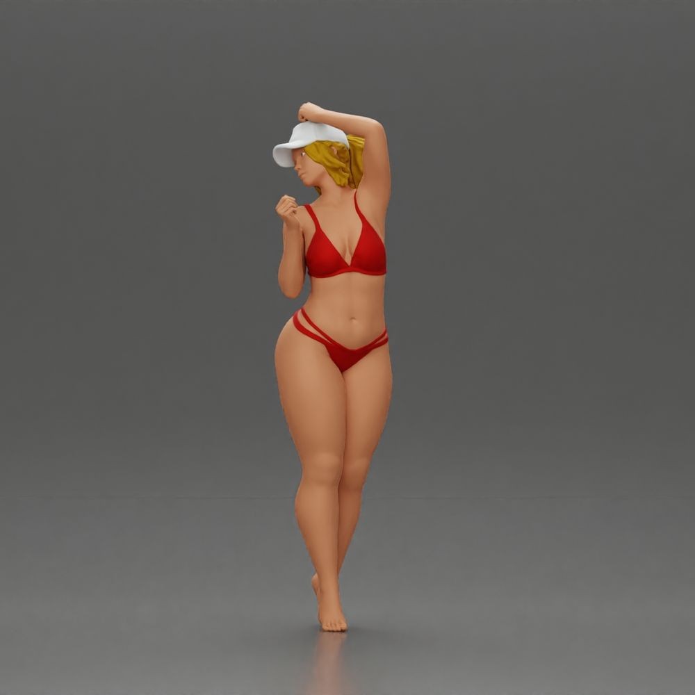 Diorama model-making product photo 2: Standing figure: woman in a bikini with cap and raised arm (a160)