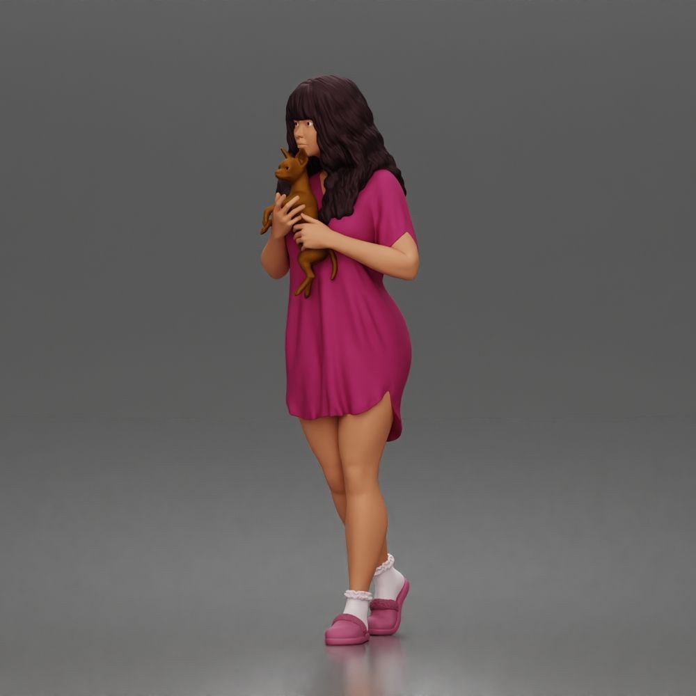 Diorama model-making product photo 1: Standing figure: woman in a nightgown holding a small dog (a183)