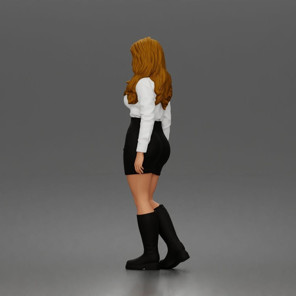 Diorama model-making product photo 2: Standing female figure wearing a blouse, miniskirt & knee-high boots (a197)