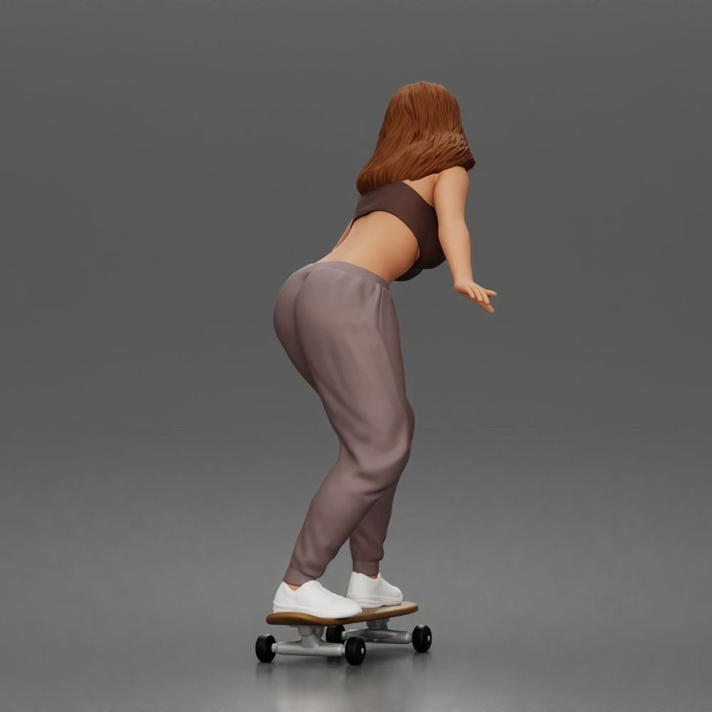 Diorama Modellbau Produktfoto 2: Diorama Figur: Skaterin balancierend auf Skateboard mit Crop-Top & Jogginghose (a170)