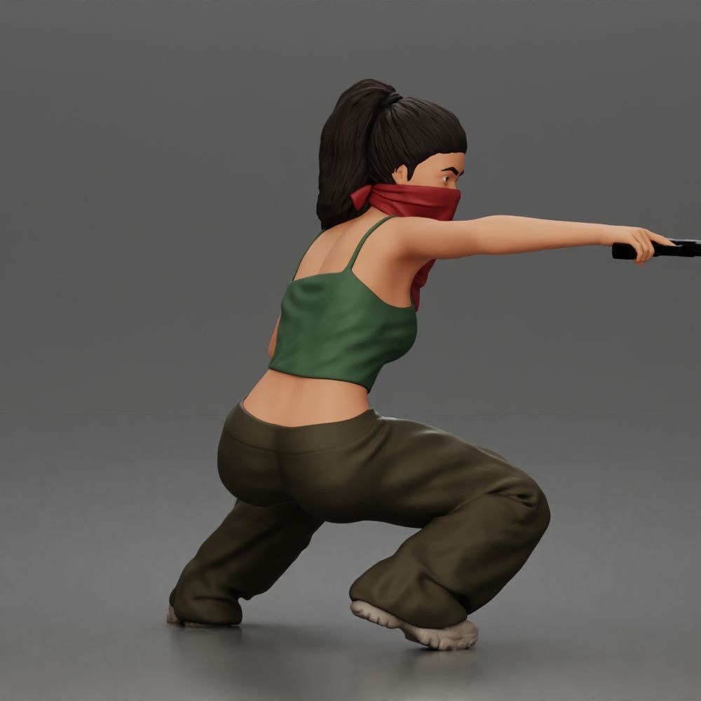 Diorama model-making product photo 2: Diorama figure: Crouching masked woman with pistol, crop top & baggy trousers (a169)