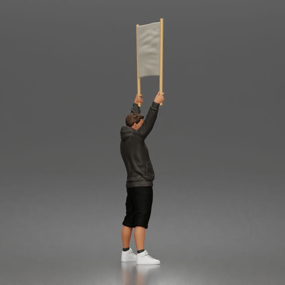 Diorama model-making product photo 2: Standing figure: Protester with blank banner, hoodie & shorts (a178)