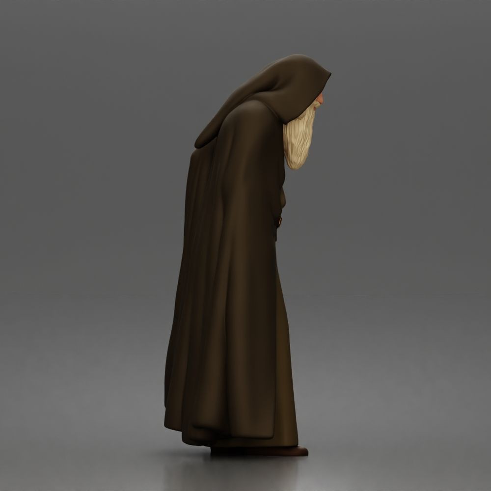 Diorama model building product photo 2: Standing figure: bearded wanderer with hooded cloak, robe & staff (a189)