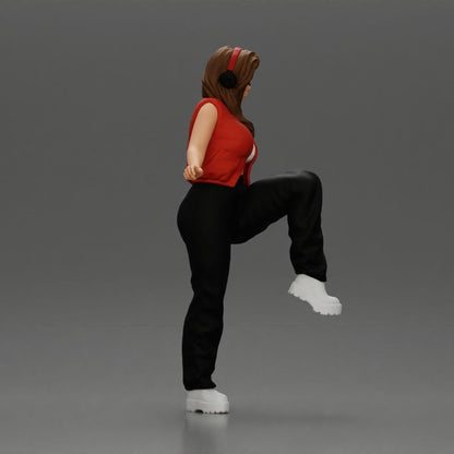 Diorama model-making product photo 3: Standing female figure with headphones and a loose streetwear outfit, leg raised (a164)