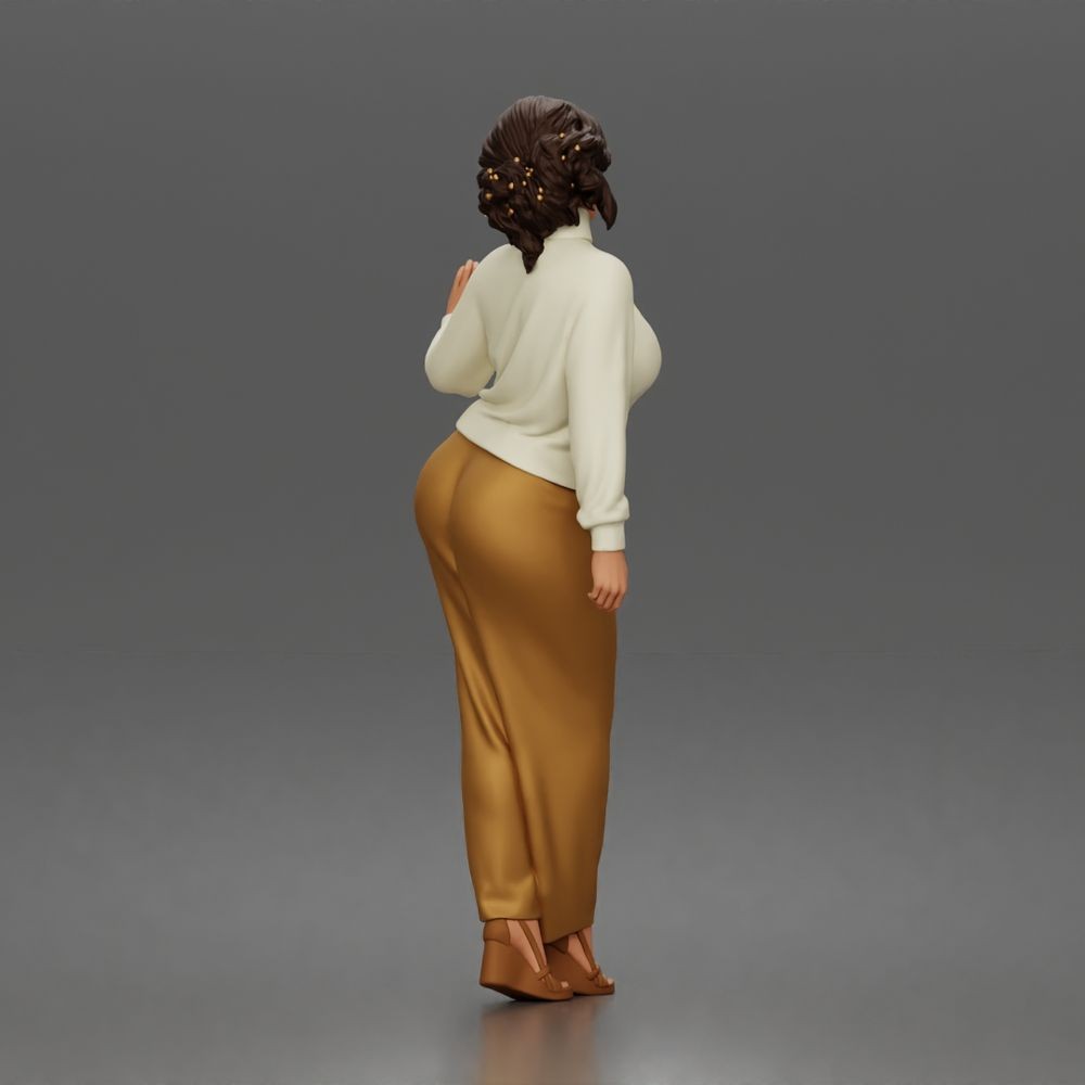 Diorama model-making product photo 2: Standing female figure with turtleneck sweater, wide-leg trousers & platform shoes (a176)