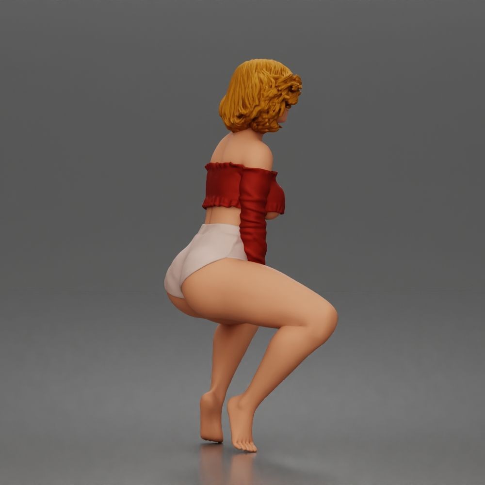 Diorama model-making product photo 2: Crouching figure: dancer in an off-the-shoulder crop top & shorts (a185)