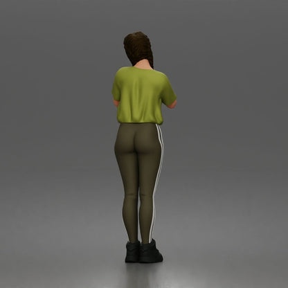 Diorama model-making product photo 3: Standing female figure with braided hair, T-shirt, leggings & sneakers (a194)