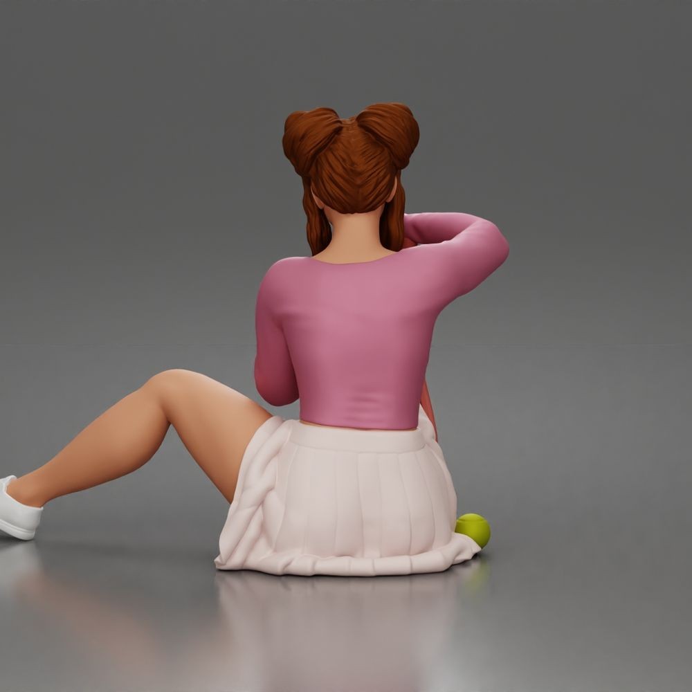 Diorama Modellbau Produktfoto 3: Sitzende Figur: Tennisspielerin mit Sportrock, Pullover & Tennisschläger (a212)