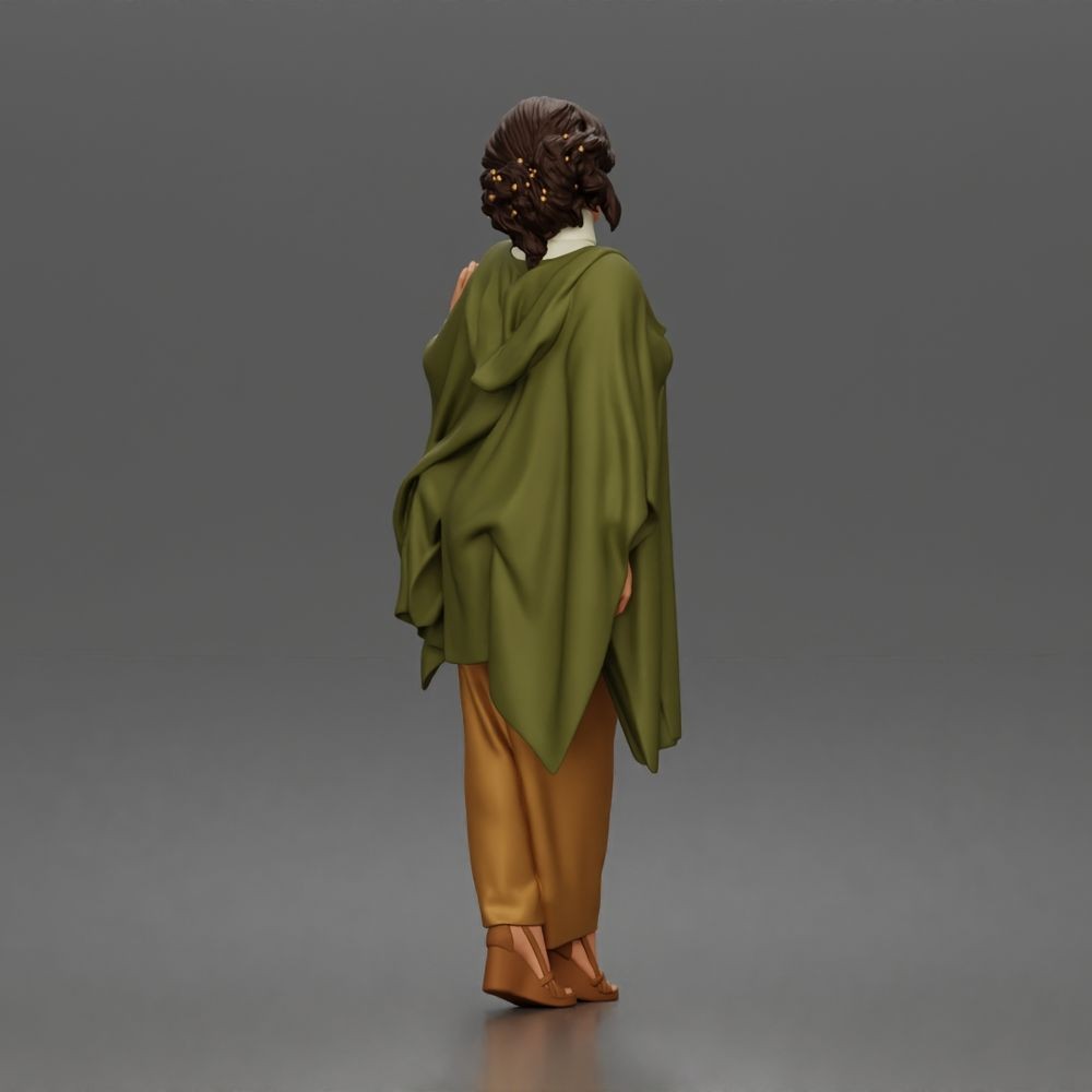 Diorama model-making product photo 3: Standing female figure with raised hand, flowing cape & platform shoes (a174)